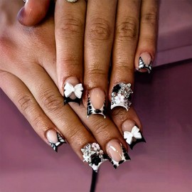 24Pcs Black French Tip Press on Nails Short Square Fake Nails with Zebra Print White Bow Flower Rhinestones Designs Full Cover Artificial Glue on Nails Silver Star False Nails Stick on Nails for Women