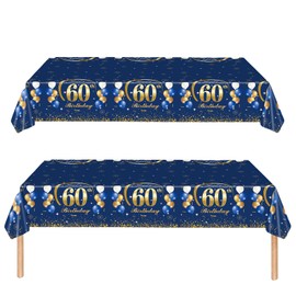 Navy Blue Gold 60th Table Cloth, Happy 60th Birthday Tablecloth for Men Women, 137*274cm Plastic Tablecloths Table Cover Decorations