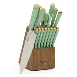 Martha Stewart Martha Stewart 16 Piece Lockton High Carbon Stainless Steel Cutlery Kitchen Knife Block Set W/ABS Tripe Riveted Forged Handle Acacia Wood Block - Sage Green W/Gold