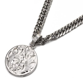 BFF Brand Coin Necklace, Double Curved, 6-sided Cut, Plumeria Maile Scroll Stainless Steel Chain, Gold, 18K Gold, K18 GP Gold, Hand Carved, Includes Exclusive Box