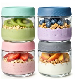 Botes Herméticos para Cocina,4 pcs350ml) Tarros de Cristal de 12.oz, Tarros Mason, Overnight Oats Jar Reutilizables para Yogurt, Café, Té, Azúcar,... 