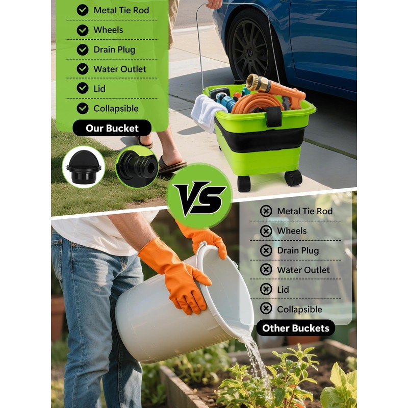 Collapsible Bucket 5.8 Gallon 22L with Wheels Handle Drain Plug