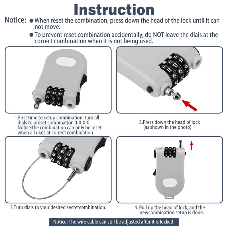 Pack of 2 Cable Lock, Retractable Cable Lock Combination Lock