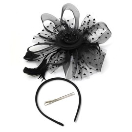 JUNBESTN Fascinators Hat Tea Party Headwear for Women Flower Mesh Ribbons Feathers Headband (US, Alpha, One Size, One Size, Black)