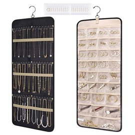 COREJOY Organizador de joyas colgante, rollo organizador de joyas, estante de joyería de doble cara con ganchos de metal y 20pk Bolsa de polvo, para collares, aretes, anillos, negro (L)