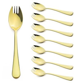 Alata Sporks, 8-Pack Champagne Gold Food-Grade Stainless Steel Sporks, 7.4 inch Long Handle Salad Forks for Dessert, Ice Cream, Salad, Soup, Pasta, Spaghetti, Dishwasher Safe