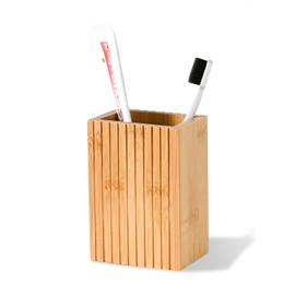 Natural Bamboo Toothbrush Holder for Bathroom, Fluted Square Bamboo Toothbrush Holder for Countertop, Pen Holder Desktop Organizer, Natural