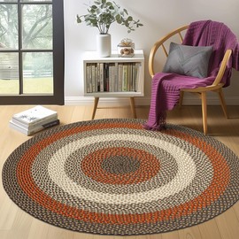 Super Area Rugs Rustic Red/Brown Braided Rug for Dining Room Table, Taupe Beige Indoor Outdoor Braided Rug for Patio/Porch 4' Round