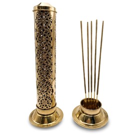 Gold Plated Brass Incense Burner - 27 cm high, base 8 cm and lid 5 cm - Weight 155 g. Incense holder for up to 5 incense sticks.