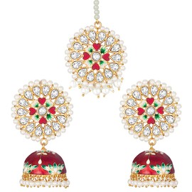 Aheli Handcrafted Traditional Wedding Wear Faux Kundan Studded Floral Enamel Jhumka Jhumki Earrings with Maang Tikka Indian Ethnic Fashion Jewelry Gift for Women Maroon