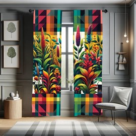 Ambesonne Botanical Window Curtains Pack of 2, Colorful Design with Abstract Nature Elements and Cherry Geometric Shapes, Lightweight Set & Rod Pocket, 4 Panels of - 28" x 63", Multicolor
