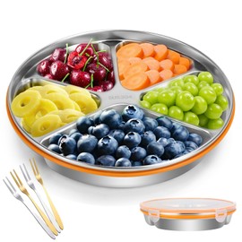 VAlinks Divided Serving Tray with Lid SUS 304 Snackle Box Reusable Veggie Tray Serving Plate with 4 Forks Stainless Steel Snack Platter for Picnic Party and Travel 5 Compartments