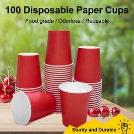 excvalues 100 Pieces Disposable Coffee Cups 9 oz Paper Cups, Hot or Cold Beverage Paper Cups Thickened Durable Disposable Cups for Party, DIY and Holiday Picnic (Red, 9 oz)