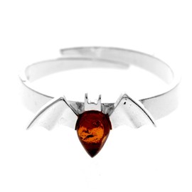 SilverAmber Jewellery UK - Genuine Cognac Baltic Amber & 925 Sterling Silver Bat Designer Adjustable Ring - AR16C