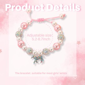 LynixTrade Horse Bracelet Gifts for Girls Adjustable White Pink Pearl CZ Balls Horse Charms Bracelet Horses Lover Girls Bracelet Kawaii Christmas Birthday Jewelry