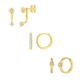 3 Pairs Gold Huggie Earrings for Women, 14k Gold CZ Cartilage Stud Earrings Hypoallergenic, Star Small Huggie Hoop Earrings for Women