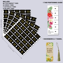 Bible Index Tabs New & Old Testament Tabs Matte Laminated Floral Design, Bible Journaling Supplies - 122 Pcs (Black- Gold Foil)