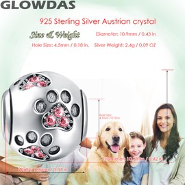 Jan-Dec Birthstone Paw Print Charms Fit European Bracelet, 925 Sterling Silver Pet Cat Dog Paw Print Heart Footprint Beads with Crystal Like Football Ball, Gifts for Women/Men, Sterling Silver