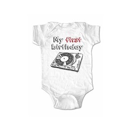 My First Birthday - Turntable Design - Cute Fun Birthday Baby one Piece Bodysuit (18 Months Bodysuit, White)