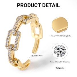 LIAN 14K Gold Plated Rings Cubic Zirconia Oval Square Chain Link Twisted Stackable Statement Love Ring Eternity Engagement Wedding Adjustable Open Ring for Women Gold Rings