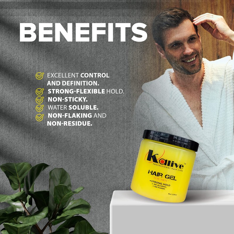 KALIVE Men's Hair Styling Gel 8 oz, Strong-Hold and Light