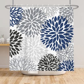 Boho Dahlia Flowers Shower Curtain Black Indigo Blue and Grey Floral Shower Curtain Sets Fabric Bath Curtain Abstract Pattern Bahthoom Decor with 12 Hooks 72"x72"
