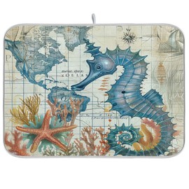 Nautical Ocean Seahorse Dish Drying Mat for Kitchen Counter 16x18 in Retro Map Microfiber Drying Mats Absorbent Reversible Dish Pad Medium Dish Draining Mat Fast Dry Kitchen Accessories