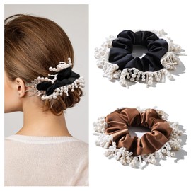 Lolalet Hair Rubber Scrunchie Tassel Pearl, Satin, Adult, Women's, Ribbon, 3D Feeling, Stylish, Hair Clip, Present, Set of 2