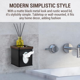 MyGift Deluxe Tissue Box Cover, Modern Wall Mount or Countertop Square Facial Tissues Holder, Matte Black Metal with Rustic Burnt Solid Wood Tray Lid – Fits Up to 4.5 Inch Cube Boxes