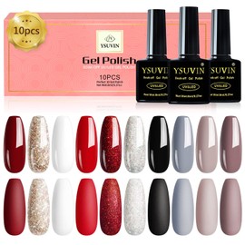 YSURE Gel Nail Polishes- Gel Nail Polish Set 10 Colors Red Black Grey White Glitter Nail Polish Soak Off LED Gel Nail Kit Nail Art Manicure Salon DIY at Home Beauty Gifts (Maple Red)