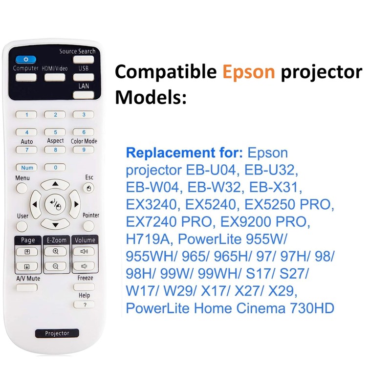 Projector Remote Control Compatible with Epson Projector, Home Cinema, Powerlite,
