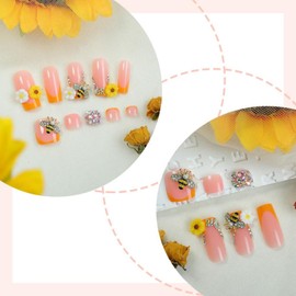 48Pcs Orange French Tips Press on Nails 3D Press on Toenails Medium Square Stick on Nails with Flower Bee Charm Design Rhinestone Fake Nails Glossy Summer False Toenails Kit for Women DIY Manicure