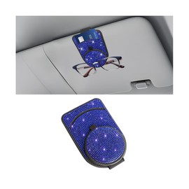 Sandfren Bling Sunglasses Holder for Car Visor, Genuine Leather Crystal Rhinestone Vehicle Eyeglasses Clip Mount Hanger, Auto Ticket Card Origanizer for Women Girls, Universal Fit (Blue)