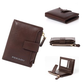 POXIADIV Small Wallet for Women, RFID Blocking Bifold Wallet with Zipper Coin Pocket, Removable 2-Window ID Holder, Compact Faux Leather Card Wallet（Chocolate）