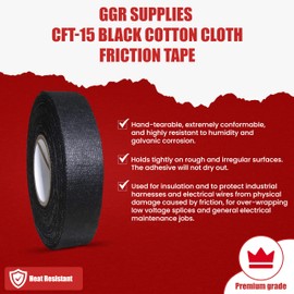 GGR Supplies – T.R.U. CFT-15 Black Cotton Cloth Friction Tape, High Grip Electrical Wire Harness Tape with Non-Corrosive Rubber Resin Adhesive, 2 Inch x 60 Feet