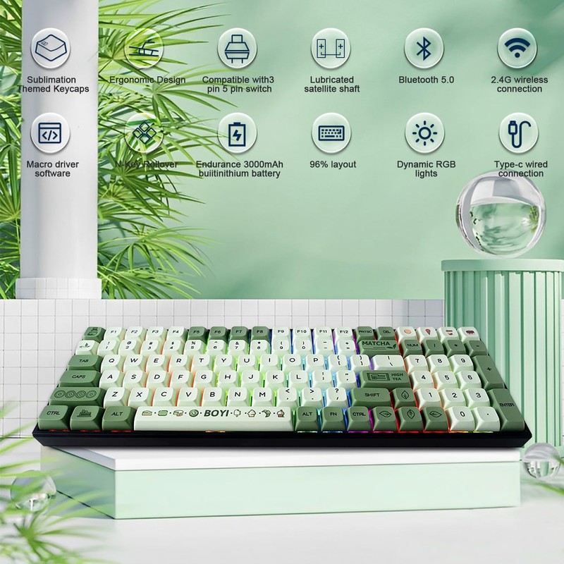 BOYI TK96 96% RGB Hot Swappable Triple Mode Keyboard,2.4Ghz/BT 5.0/Wired