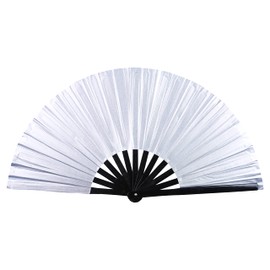 Gionforsy 1pcs Rave Hand Fan Bamboo Holding Hand Fan Large Folding Fan with Bright Color Fabric Folding Fan for Festival (Silver)