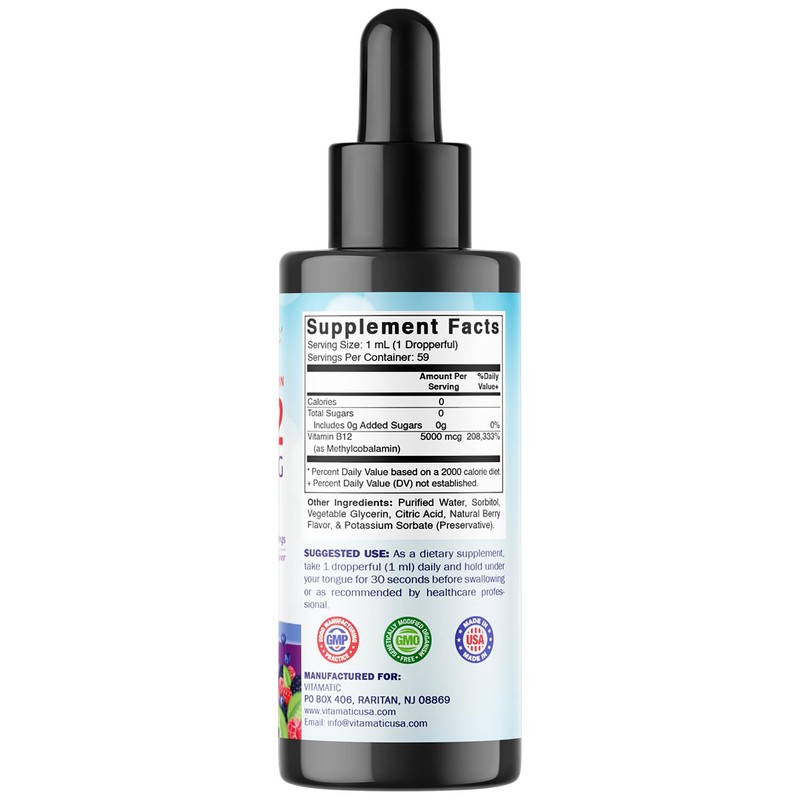 Vitamatic Fast-Acting Liquid Vitamin B12 – 5000 mcg Methylcobalamin –