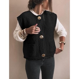 Arssm Women Fleece Sweater Vest Cropped Sleeveless Button Down Knit Gilet Casual Winter Outerwear with Pockets (Black-S)