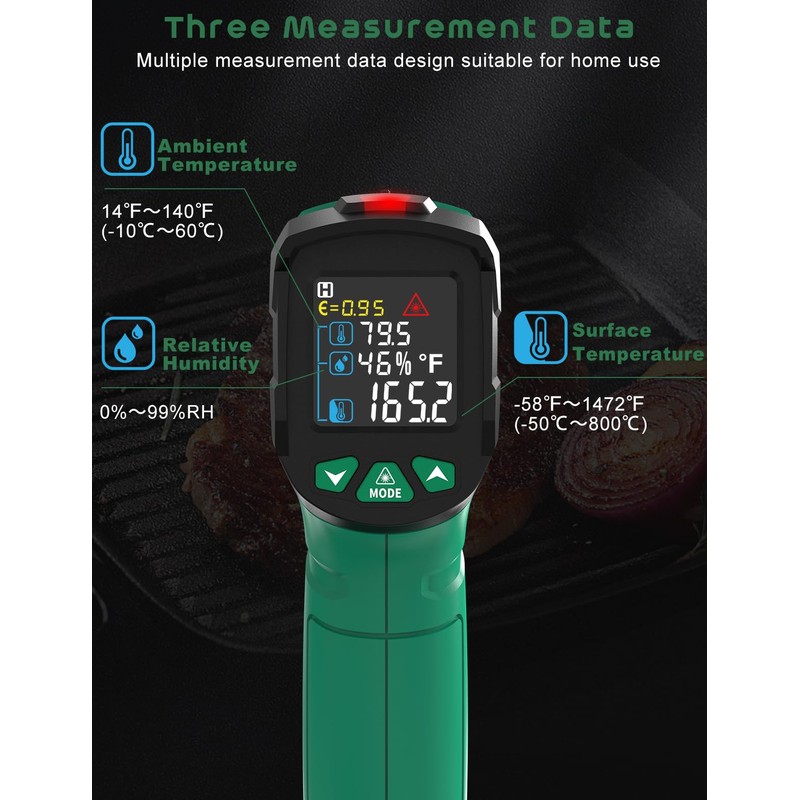 Infrared Thermometer, SQECH Laser Thermometer -50℃~800℃(-58℉~1472℉), with Ambient Temperature/Humidity/Adjustable Emission/Coloured