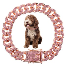 Cuban Link Dog Collar, Puppy Dog Chain Necklace with Pink Rhinestone, Rose Gold Dogs Collar, Cuban Dogs Chain Collars for Small, Medium Pets, Cats (8 Inch)