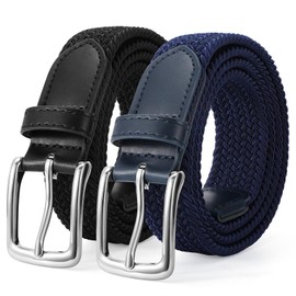 LEACOOLKEY 2 Pack Braided Elastic Belts Casual Stretch Canvas Woven Belts for Jeans Pants，1.18" wide with silver buckle