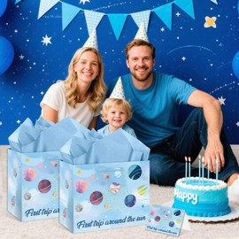 First Birthday Gift Bag Blue Space Themed Birthday Boy Gift Bag Galaxy Space 1st Bday Wrapping Paper Bag First Trip Around The Sun Decorations for Boys Baby Shower Party Favors Decor Supplies