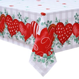 Valentines Tablecloth Red Hearts Eucalyptus Leaves Table Cloth Rectangle Table, Valentine's Day Tablecloth for Wedding Anniversary Holiday Picnic Dinner Table Decoration, 55×55 inch