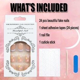 Flower Press on Nails Short Square Fake Nails Nude Stick on Nails Full Cover Small Colorful Flowers False Nail Tips Acrylic Spring Glue on Nails Cute Reusable Nail Art Decorations for Women 24Pcs