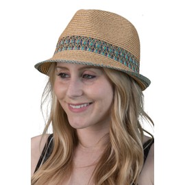 Funky Junque Women's Straw Fedora Beach Hat for Summer, UPF50+ Adjustable Short Brim, Multicolor Woven Pattern, One Size