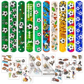 Moncinday 40Pcs Soccer Slap Bracelets Party Favors with Soccer Tattoo Birthday Gifts Soccer Party Decorations Snap Band for Kids Boys