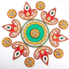 New Floor Rangoli Acrylic Handcrafted Indian Traditional Home Décor for Festival Diwali Wedding Party Wall Interior Decoration and Gifting Size - 14" (Red Diya)