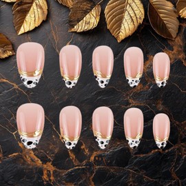 30 Pcs French Tip Press on Nails Almond Medium Fake Nails Leopard Print Nail Tips 3D Gold Acrylic Nails Cute Nails Press ons Reusable Glue on Nails for Women Leopard French Manicure