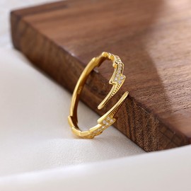 Double Crystal Lightning Bolt Stacking Open Ring for Women Girls 925 Sterling Silver CZ Thunder Waved Adjustable Wrap Knuckle Finger Bands Dainty Statement Rings Comfort Fit Jewelry Gifts (Gold)